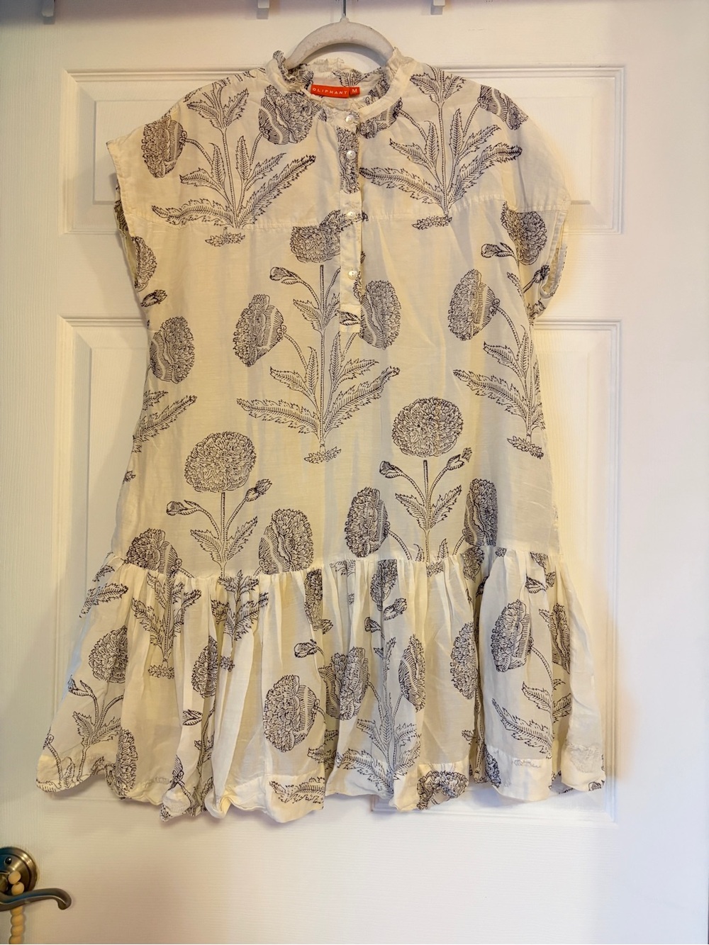 Oliphant Cap Sleeve Mini Dress in Ivory w/ Botanical Block Print in Cotton Silk